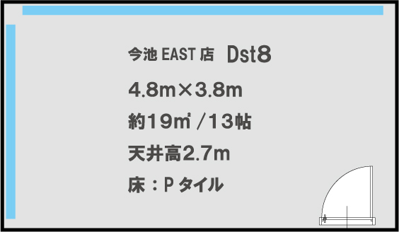 今池EAST店　Dst8 4.8m×3.8m　約19㎡/13帖 天井高2.7m　床:Pタイル